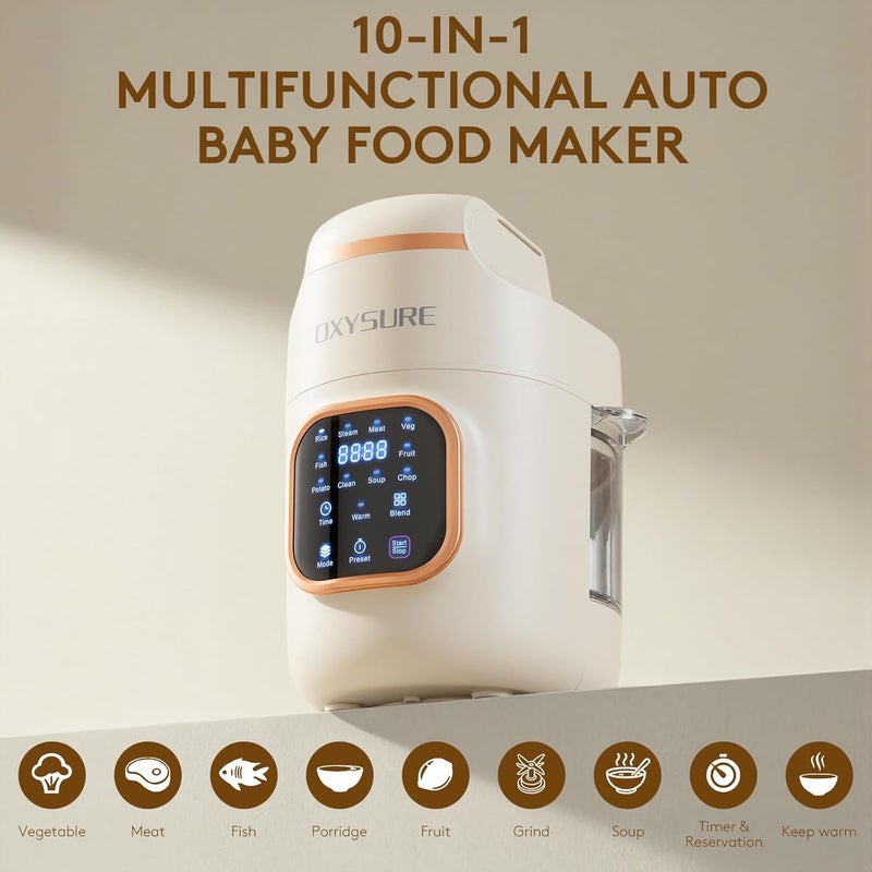 OXYSURE صانع طعام الأطفال 10 في 1، مطاحن طعام الأطفال الزجاجية، خلاط طعام الأطفال لهرس الطعام، الفواكه، اللحوم، الخضار، سهل التنظيف، تحكم باللمس، طهي في المنزل 10 أونصات (أبيض) - Image 2